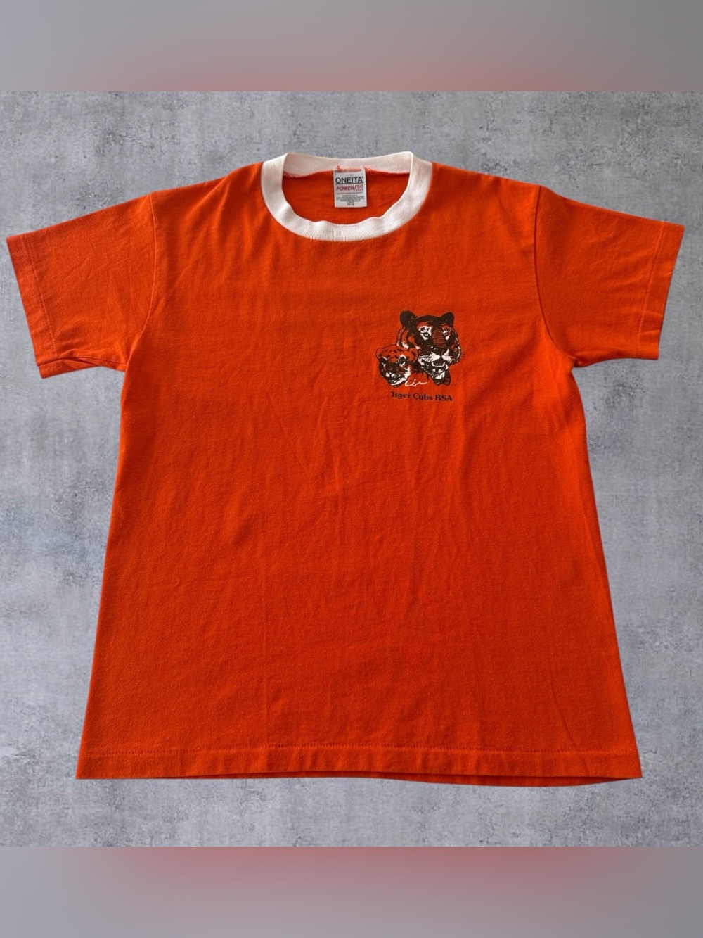 VTG 80s 90s Oneita Tiger Cubs BSA T-Shirt Orange Ringer Youth L USA Boy Scouts